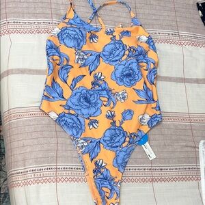Cupshe Vibrant Orange and Blue Floral One Piece Swimsuit LARGE